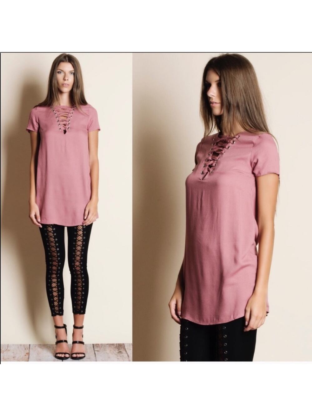 Mind Code Lace Up Front Short Sleeve Tunic Size Small